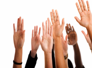 Raised hands on white background