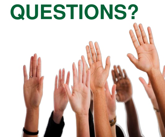 Raised hands on white background with questions? in green above
