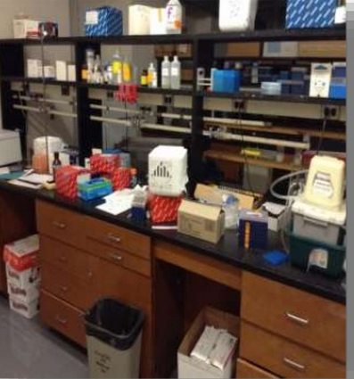 Laboratory counter and shelf with  equipment prepared for lab decontamination 