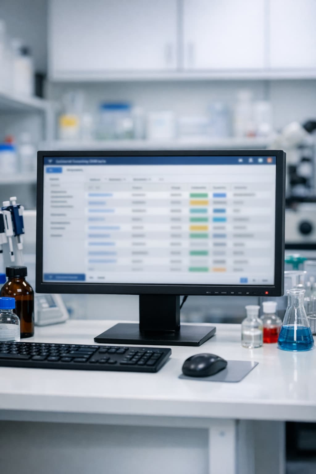Chemical inventory software on a computer monitor with the screen blurred so you cant read the details Have the monitor exist in a lab setting.