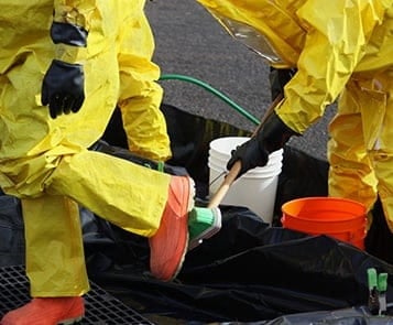 Emergency response workers clean PPE suits