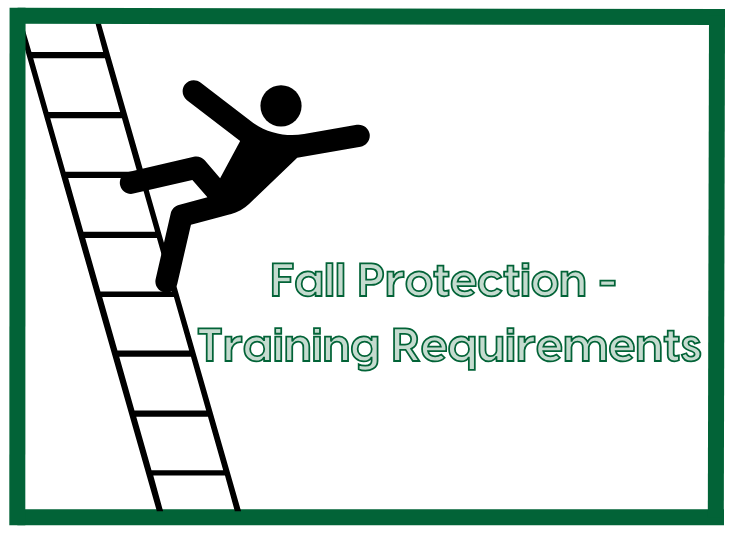 Cartoon person falling off of a ladder due to a lack of fall protection training.