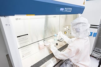 Lab worker sitting at biosafety cabinet