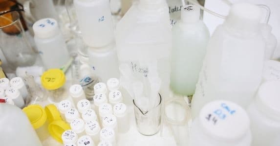 lab chemicals in bottles