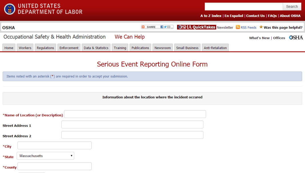 OSHA's new online injury reporting site screenshot