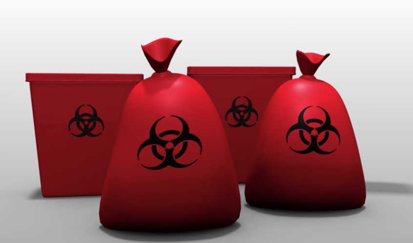 Digitally rendered red toxic substance containers and bags