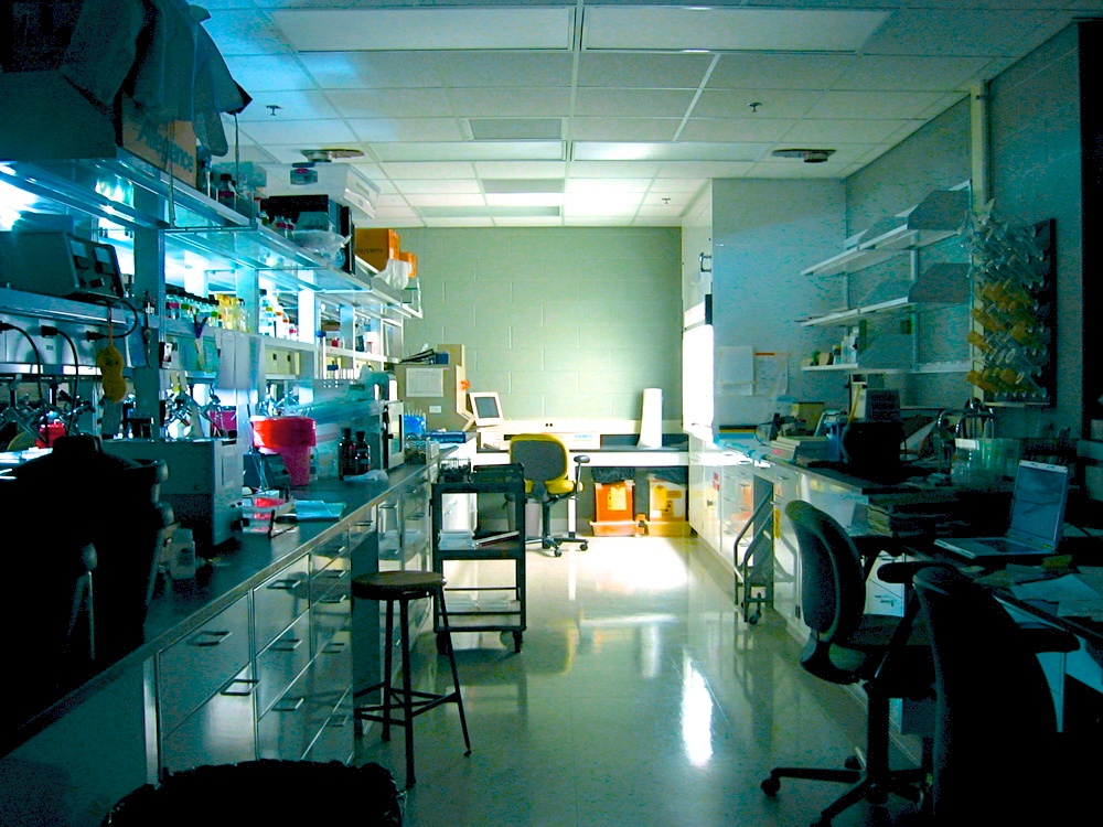 Laboratory with lights turned off in foreground