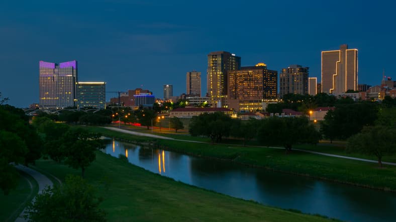 Night time skyline photo of the Dallas-Fort Worth Texas area Night time skyline photo of the Dallas-Fort Worth Texas area