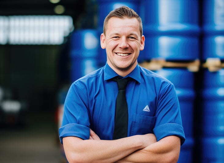 A man smiles because he has successfully submitted a hazardous waste reduction plan.