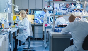 Three scientists in a lab work to complete a chemical inventory