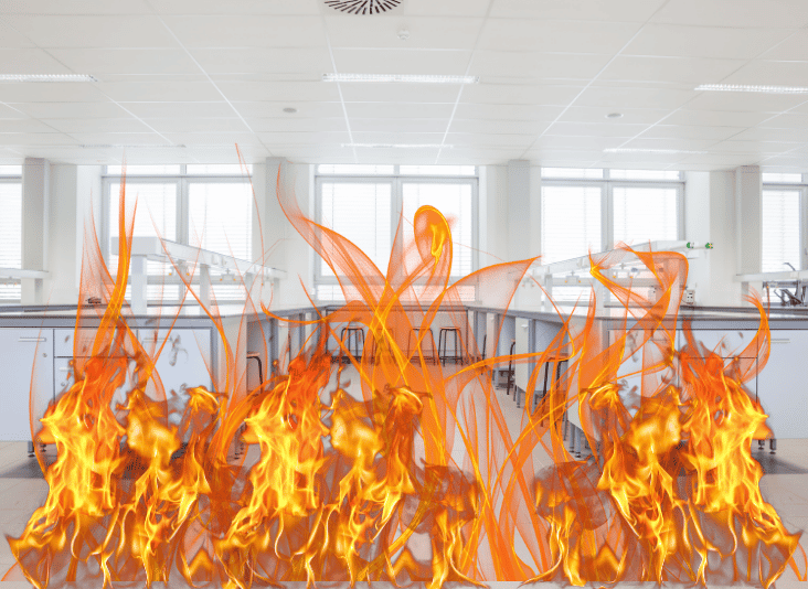 A fire burns uncontrolled in a laboratory environment. Fire prevention and suppression techniques are needed.