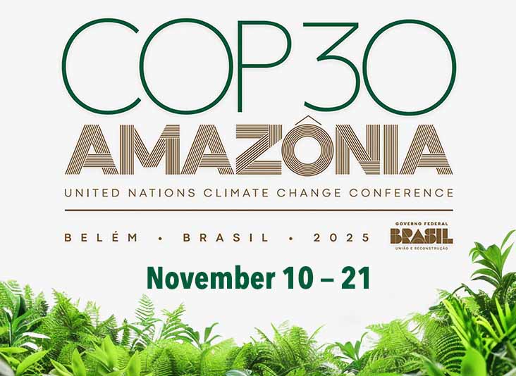 Dates and location for the COP30 conference above a spread of tropical plants.