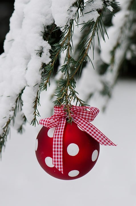 Red bauble holiday ornament with white polka dots and gingham ribbon